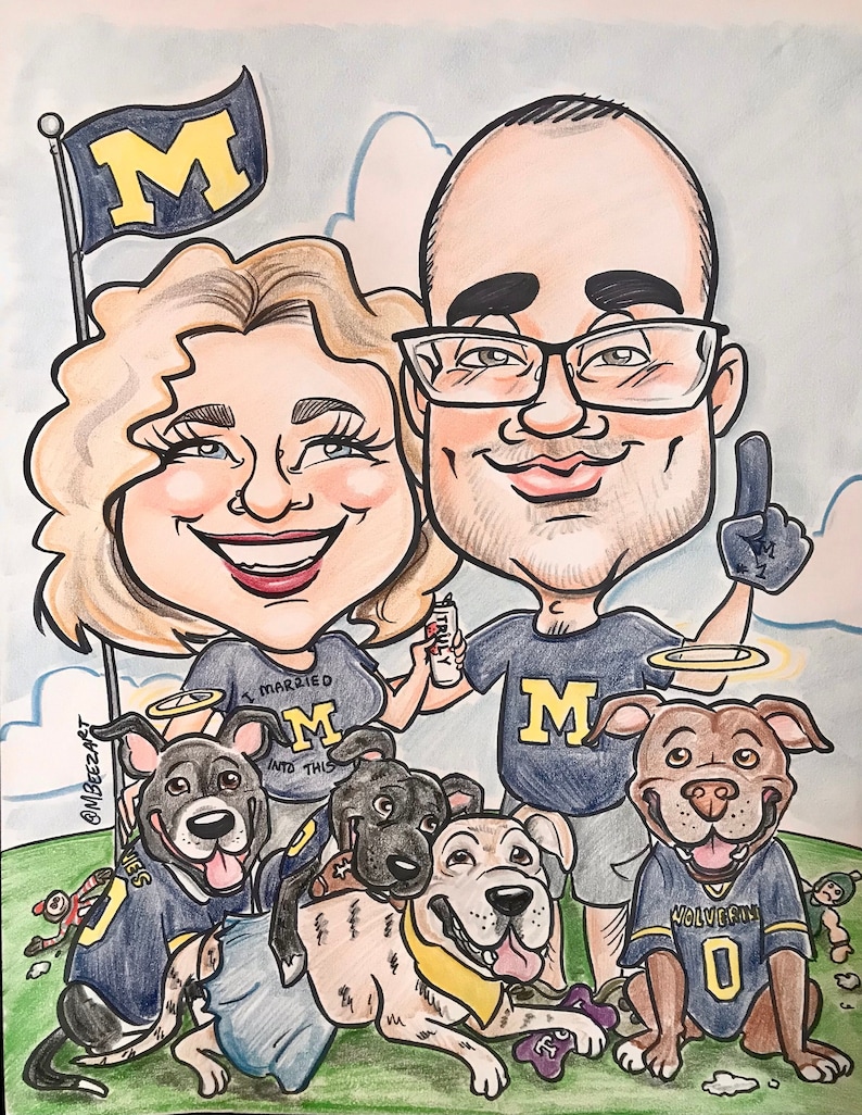 Michigan themed caricature drawing from photo of two people and four dogs