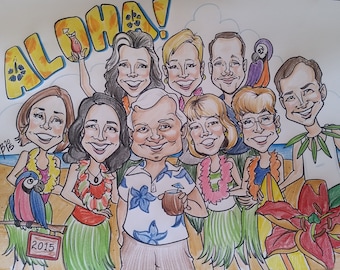 Group Caricature with bodies! 11 x 14 Full Color. 3 People and Up. Price varies on the number of people.