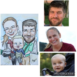Family caricature drawing of a mom, dad and baby boy standing in front of the giant silver bean in downtown Chicago. Illustration is shown on left with reference of the photos provided by the customer on the right to see the likeness captured.