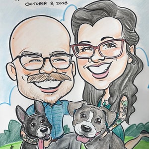 Caricature drawing from photo of a two people and two dogs.