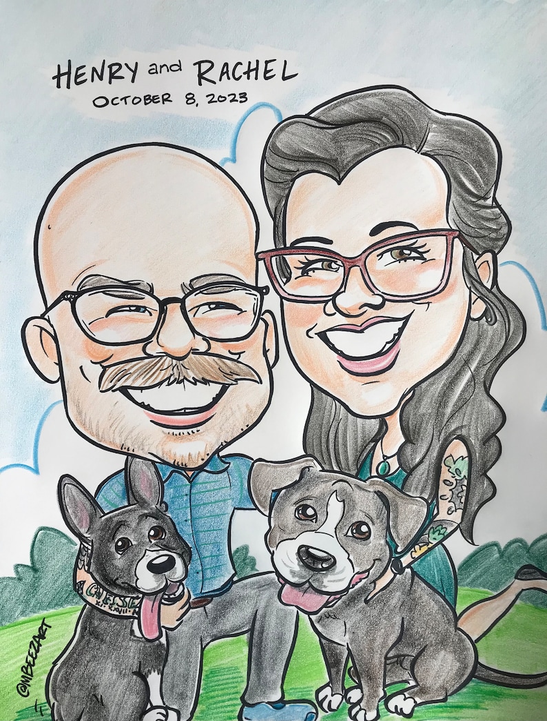 Caricature drawing from photo of a two people and two dogs.