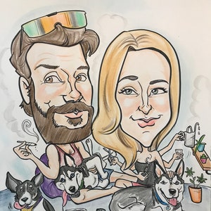 Full color cartoon illustration of a couple in their living room with 3 dogs. Male is pictured petting a dog on his lap while holding a joint and playing video games. Female pictured with many arms multitasking. drawn with black marker and neo colors