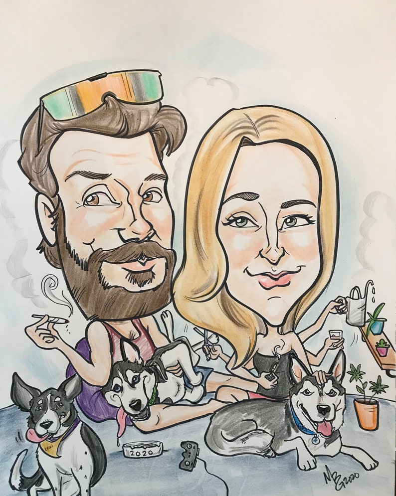 Full color cartoon illustration of a couple in their living room with 3 dogs. Male is pictured petting a dog on his lap while holding a joint and playing video games. Female pictured with many arms multitasking. drawn with black marker and neo colors