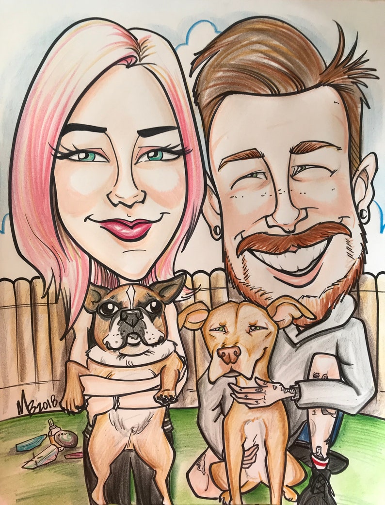 Hand drawn caricature (cartoon style portrait) of a couple holding their dogs. Man is kneeling next to woman. Simple backyard background. Created on 11x14 paper using a chartpak marker for the black lines and neo colors for the color.