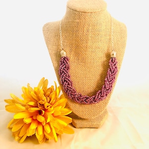 Purple Braided Seed Bead Necklace: Sterling Silver Chain