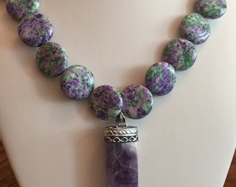 Semi Precious Lavender Turquoise and Amethyst Coin Necklace with an Amethyst Jack knife Pendant 21" Long