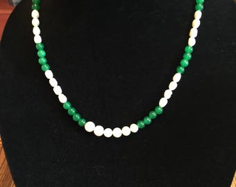 Semi Precious Emerald and Fresh Water Rice Pearl Necklace 19" Long