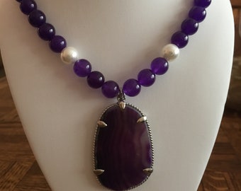 Semi Precious Amethyst and Fresh Water Pearl Necklace 21" Long with Matching Amethyst Geode