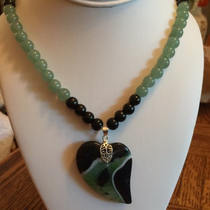 Semi Precious Aventurine and Onyx Necklace 21 Long with Matching Heart Pendant image 4