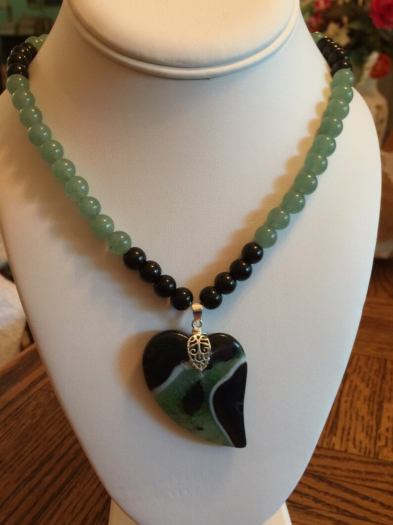 Semi Precious Aventurine and Onyx Necklace 21 Long with Matching Heart Pendant image 4