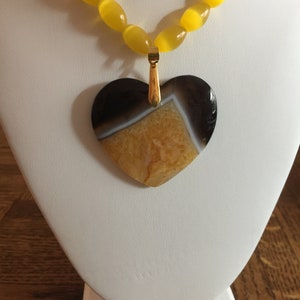 Semi Precious Yellow Cat's Eye Necklace 19 Long with a Yellow Onyx Druzy Agate Heart Pendant image 2