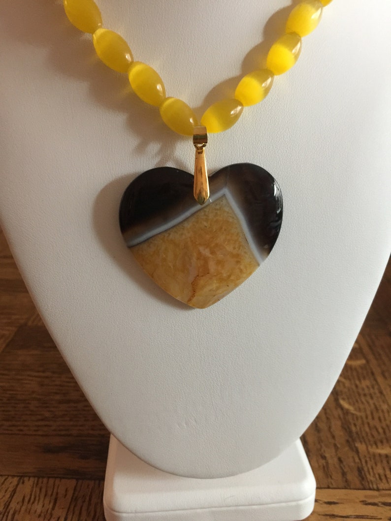 Semi Precious Yellow Cat's Eye Necklace 19 Long with a Yellow Onyx Druzy Agate Heart Pendant image 2