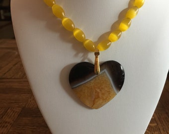 Semi Precious Yellow Cat's Eye Necklace 19" Long with a Yellow Onyx Druzy Agate Heart Pendant