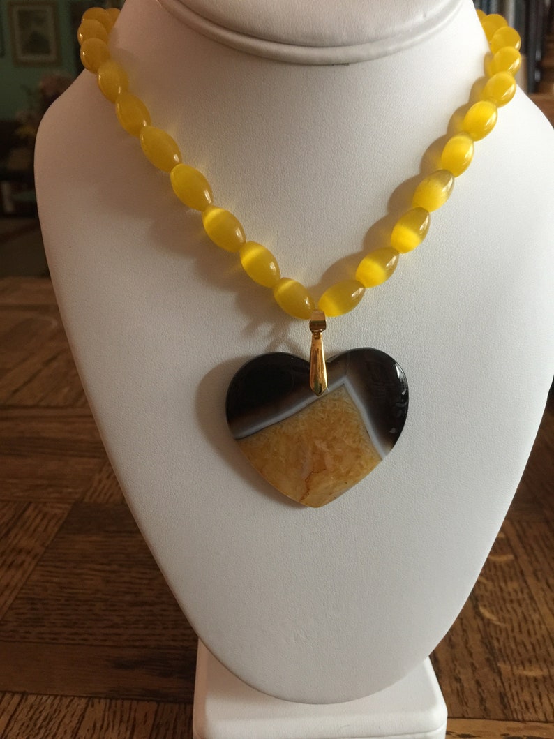 Semi Precious Yellow Cat's Eye Necklace 19 Long with a Yellow Onyx Druzy Agate Heart Pendant image 1