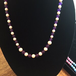 Amethyst and Fresh Water Pearl Semi Precious Necklace 24&quot; Long