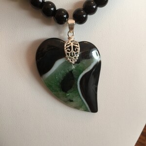 Semi Precious Aventurine and Onyx Necklace 21 Long with Matching Heart Pendant image 2