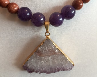 Semi Precious Amethyst and Goldstone Semi-Precious Necklace 18" Long with a Druzy Amethyst Crystal Pendant