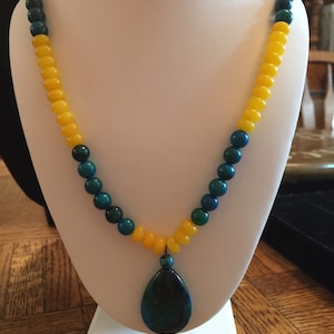 Yellow Jade Rondelle and Chrysocolla with Chrysocolla Pendant Semi Precious Necklace 20&quot; Long