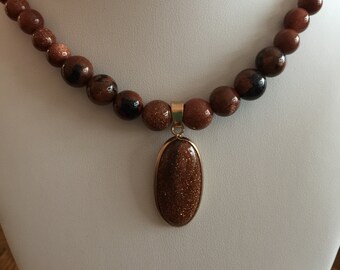 Semi Precious Goldstone and Blue Brown Sandstone Necklace 17" Long with Matching Pendant