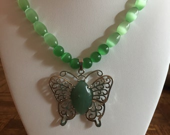 Green Cat's Eye Necklace 20" Long with an Aventurine and Silver Filagree Butterfly Pendant