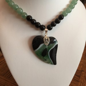 Semi Precious Aventurine and Onyx Necklace 21 Long with Matching Heart Pendant image 1