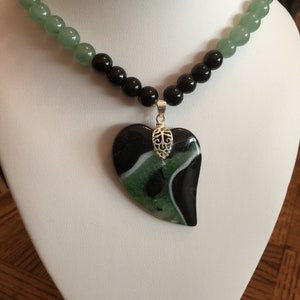 Aventurine and Onyx Semi Precious Necklace 21&quot; Long with Matching Heart Pendant