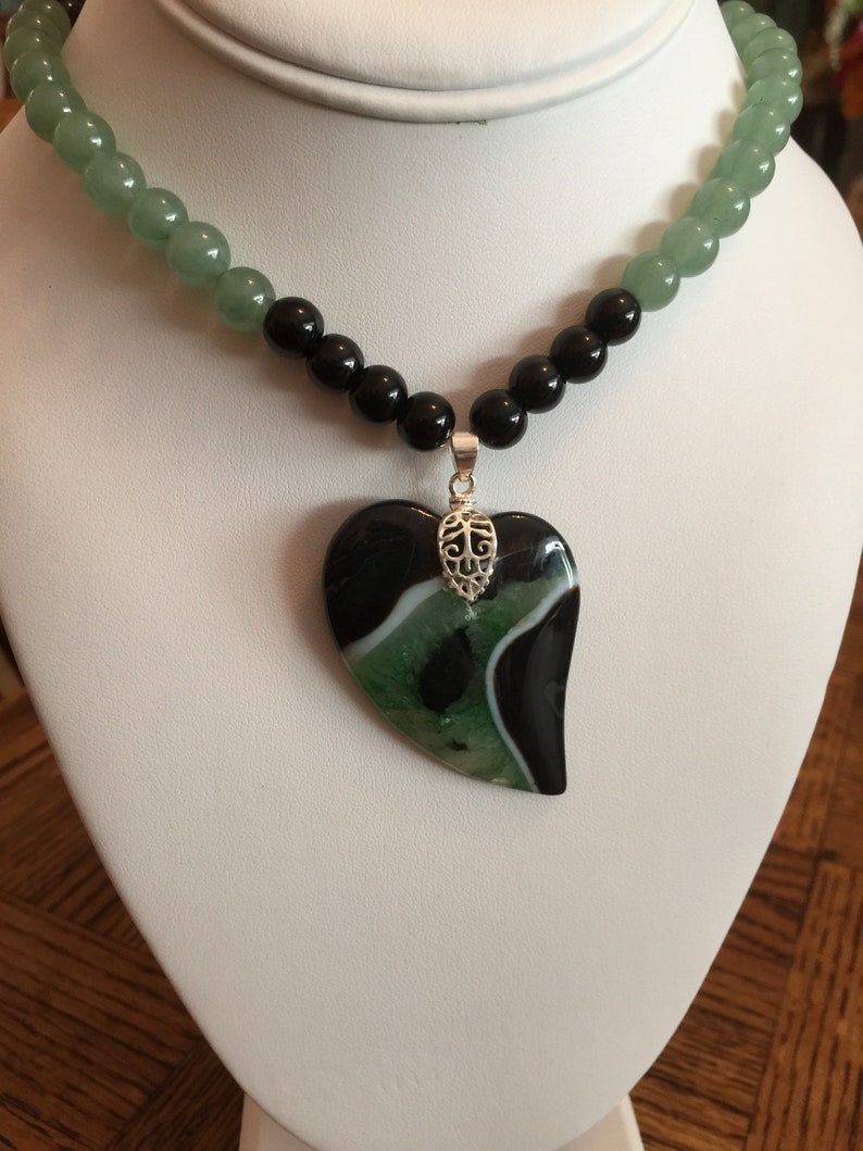 Semi Precious Aventurine and Onyx Necklace 21 Long with Matching Heart Pendant image 1