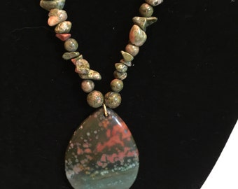 Semi Precious Unakite and Jasper Necklace 18" Long