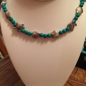Turquoise and Silver Covered Sea Turtles and Clam Shell Semi Precious Necklace 19&quot; Long