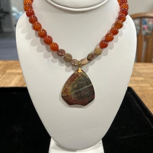 Jasper Pendant and Ruby Rutile Necklace 18" Long