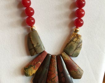 Semi Precious Jasper and Carnelian Necklace 24" Long