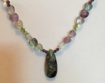 Semi Precious Fluorite Heart Necklace with a  Teardrop Pendant of Turquoise Multi with Swarovski Crystals of Purple and Green 18" Long