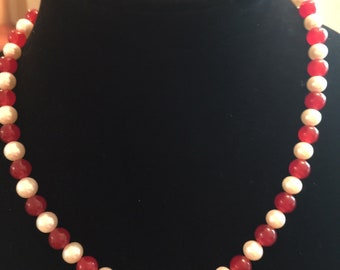 Semi Precious Ruby and Fresh Water Pearl Necklace 18" Long
