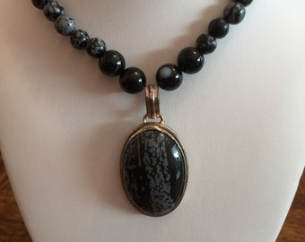 Semi Precious Snowflake Obsidian Necklace with Onyx, Silver Colored Fillagree, and  Matching Pendant 24" Long