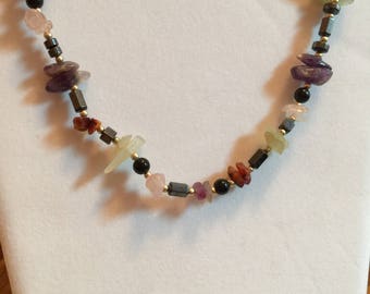 Semi Precious Amethyst, Hematite, Rhodonite, Rosy Quartz, Onyx, Agate 34" Closed Necklace