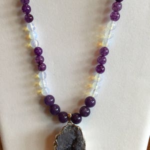 Amethyst Geode on Purple Dragon Vein and Moonstone Semi Precious Necklace 19&quot; Long