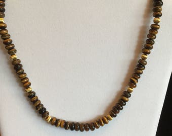 Semi Precious Tiger's Eye Red Rondelle and Gold Filagree Necklace 20" Long