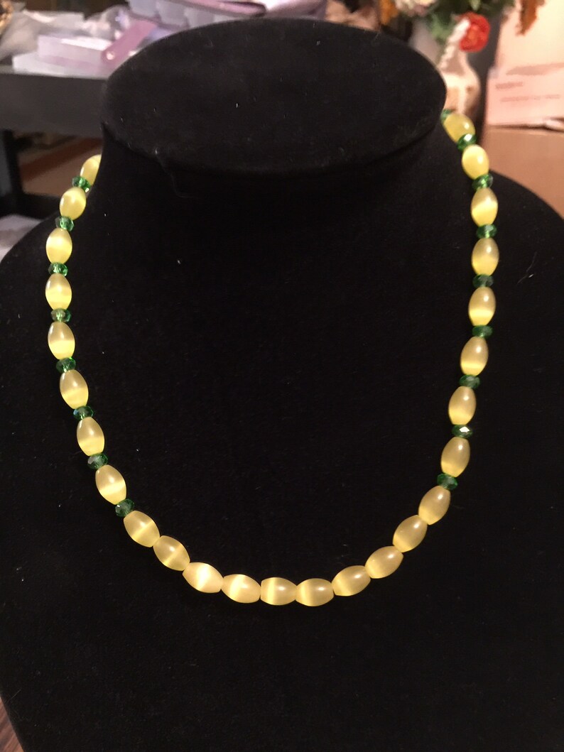 Semi Precious Yellow Cat's Eye and Emerald Necklace 19 Long image 2