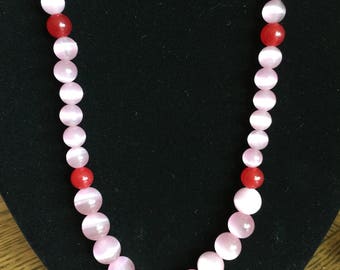 Semi Precious Cat's Eye Pink and Ruby Graded Necklace 20" Long