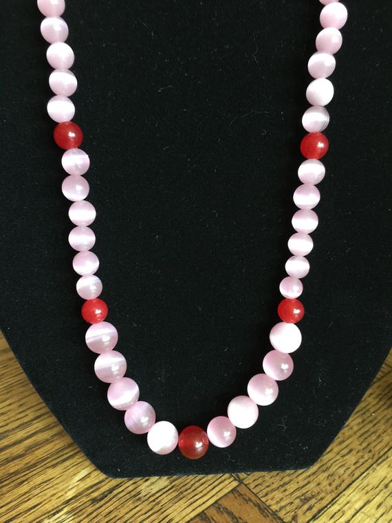 Cat's Eye Pink and Ruby Graded Semi Precious Necklace 20