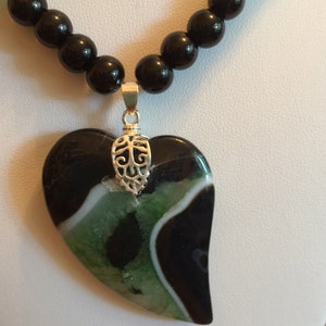 Semi Precious Aventurine and Onyx Necklace 21 Long with Matching Heart Pendant image 3