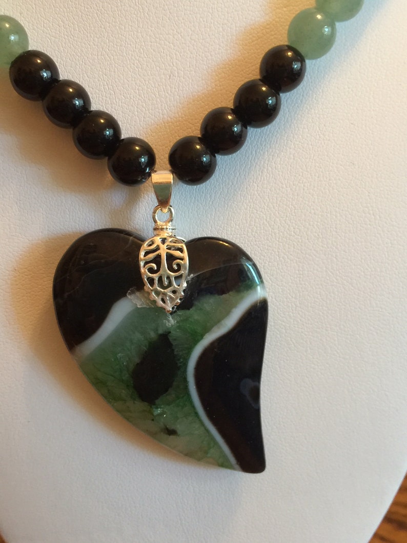 Semi Precious Aventurine and Onyx Necklace 21 Long with Matching Heart Pendant image 3