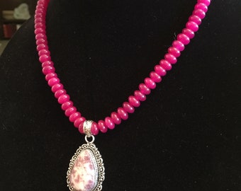 Semi Precious Rose Red Ruby Necklace 19" Long with a Rhodonite and Sterling Silver Pendant