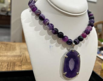 Dragon Vein & Amethyst Purple Agate Pendant Necklace 16" Long