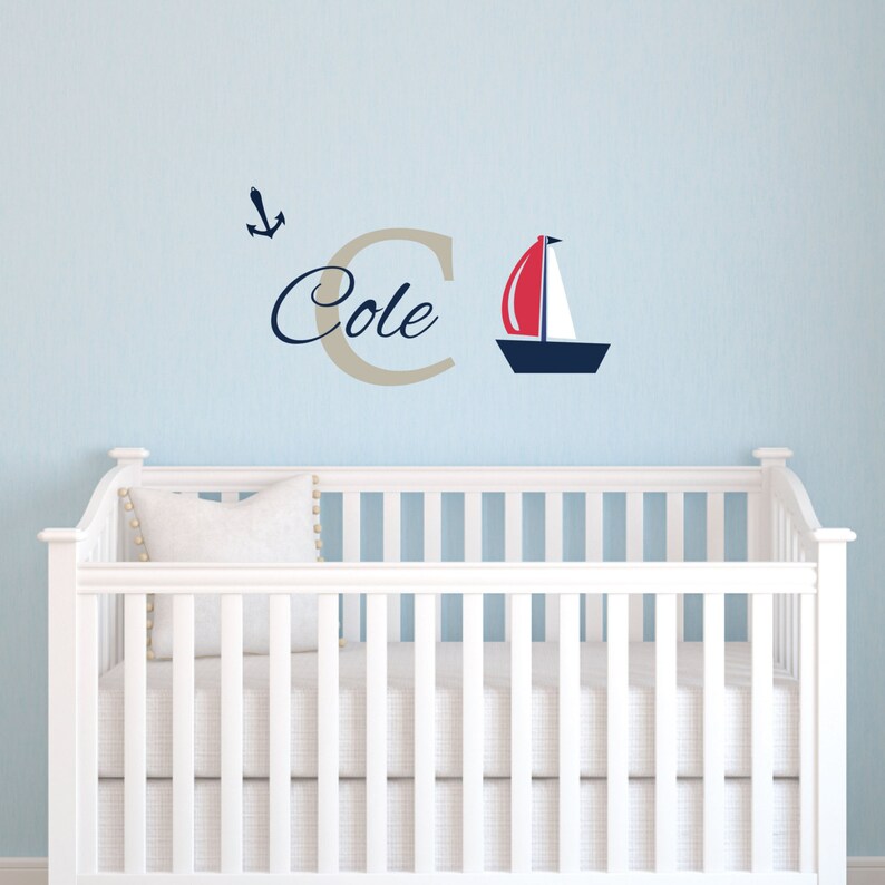 Custom Sail Boat Name Monogram Wall Decal Removable Vinyl Lettering Sticker for Kids Bedroom, Ship Personalized Wall Decal