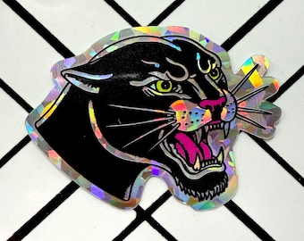 Panther Head Tattoo Flash Prism Holographic Sticker