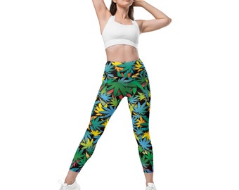 Fifth Degree™ 420 Pot Leaf Leggings with Pockets Cannabis High Waisted Semi-Compression Soft Stretchy Workout Stoner Outfit