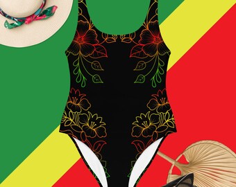 Fifth Degree™ Women's Rasta Floral Swimsuit Reggae Bathing Suit Rastafari One-Piece Bodysuit