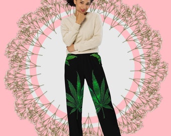Fifth Degree™ Weed Pot Leaf-Hose mit weitem Bein, Marihuana-Kleidung, Cannabis, Hippie-Kleidung, 420 Outfit, Stoner-Geschenke für Frauen
