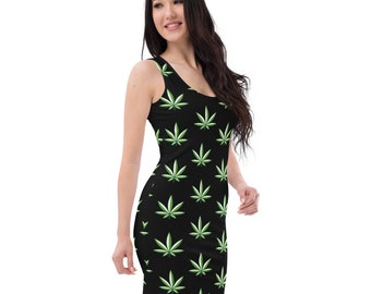 Fifth Degree® Hippie Clothes, Weed Clothing Cannabis Leaf Print Dress Fancy Green Stoner Lifestyle Outfit Gifts For Women Marijuana Dress